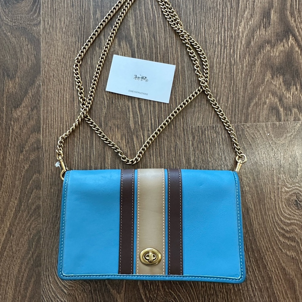 Brand New Coach Stripe Callie Leather Shoulder Chain Clutch Crossbody Handbag